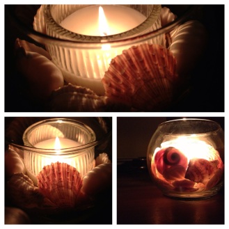 Candle- $1, Shells - $1, Candle Holder - $1 . CHEAP THRILLS! My dollar store project.